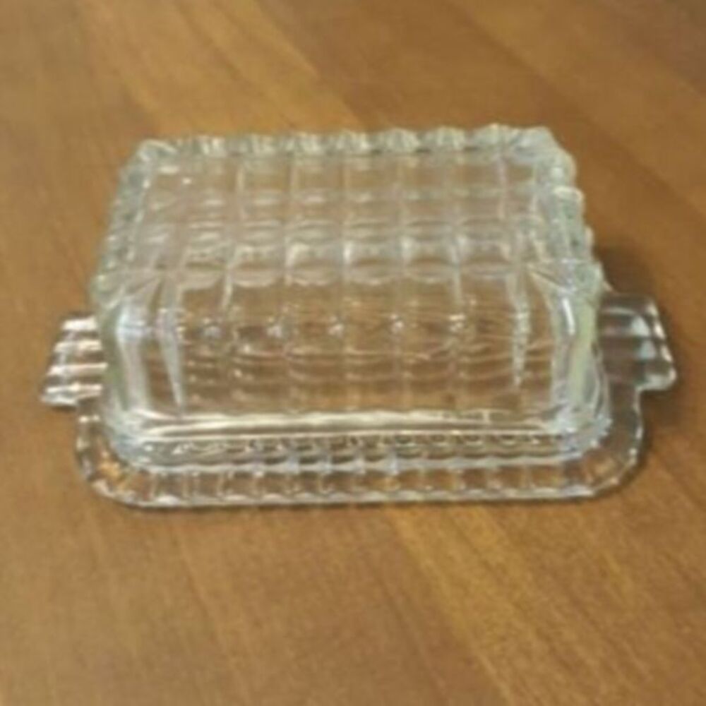 Vintage Butter Dish Clear Glass Cube Pattern Set Chipped